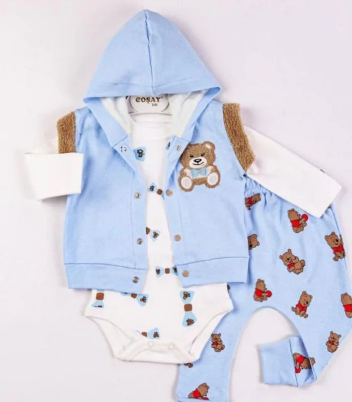 3-9 Ay Erkek Bebek Takımı Bear Nakışlı Yelekli 3lü Mavi