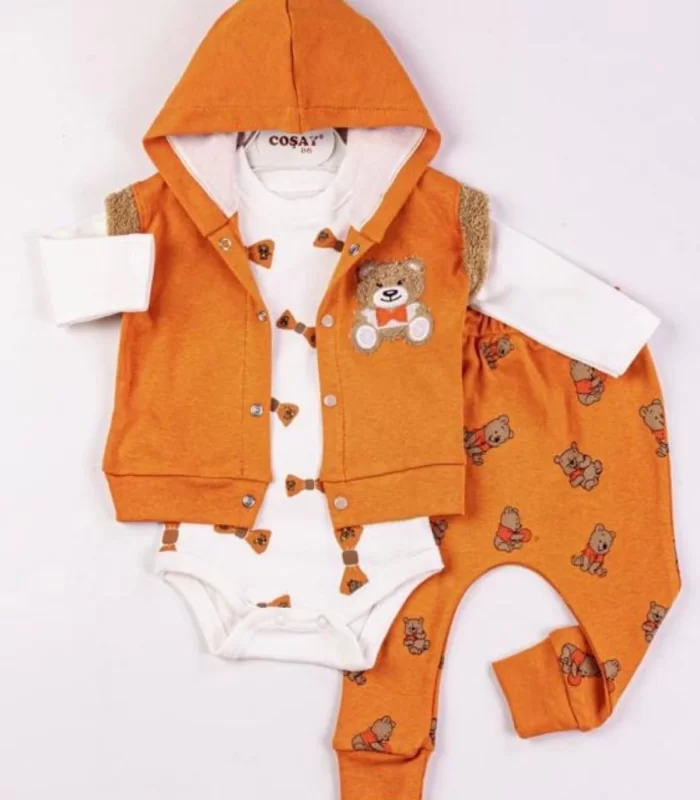 3-9 Ay Erkek Bebek Takımı Bear Nakışlı Yelekli 3lü Turuncu