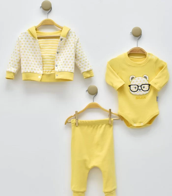 3-9 Ay Erkek Bebek Takımı Gözlüklü Bear Puan 3lü Sarı