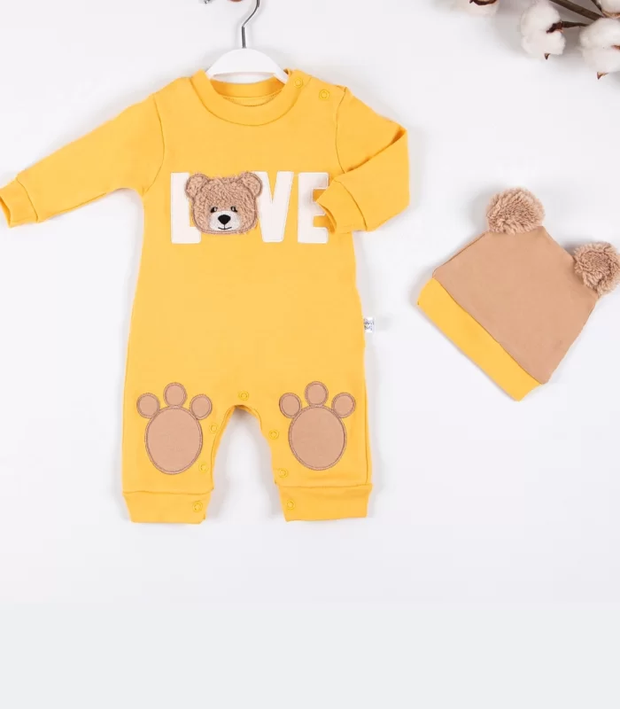 3-9 Ay Erkek Bebek Tulumu Love Bear Nakışlı Sarı