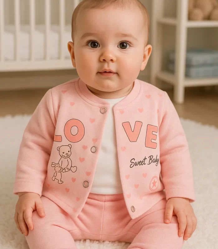 3-9 Ay Hırkalı Kız Bebek Takımı Love Tavşan Fırfır 3lü Pembe