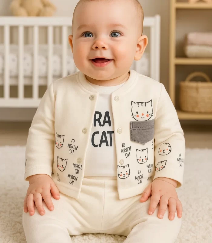 3-9 Ay Kız Bebek Alt&Üst Takımı Kedi 3lü Hırkalı Krem