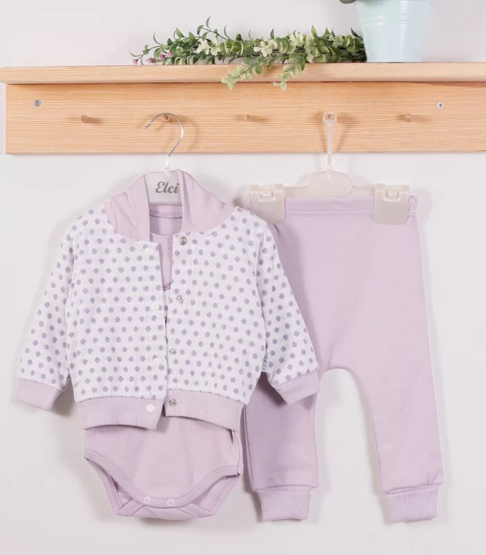 3-9 Ay Kız Bebek Alt&Üst Takımı Puan Kapişonlu 3lü Lila
