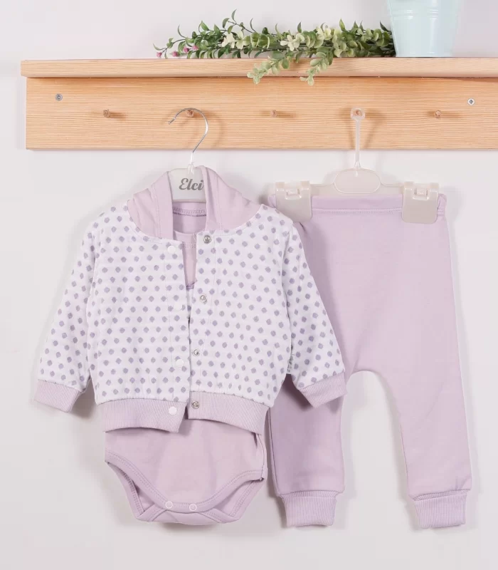 3-9 Ay Kız Bebek Alt&Üst Takımı Puan Kapişonlu 3lü Lila
