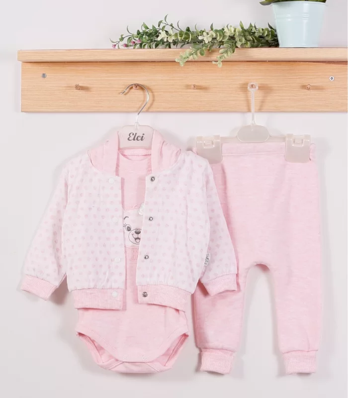 3-9 Ay Kız Bebek Alt&Üst Takımı Puan Kapişonlu 3lü Pembe