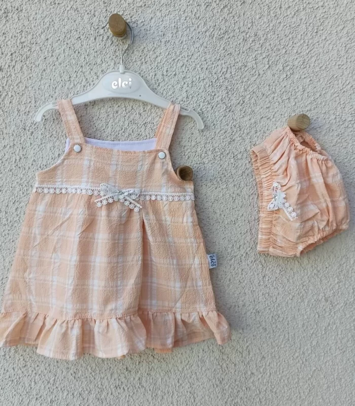 3-9 Ay Kız Bebek Askılı Kareli Külotlu Bebek Elbisesi Somon