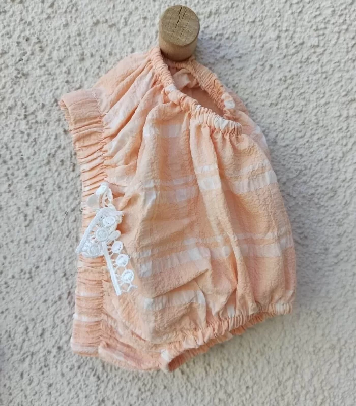 3-9 Ay Kız Bebek Askılı Kareli Külotlu Bebek Elbisesi Somon