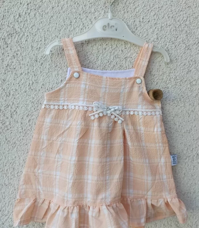 3-9 Ay Kız Bebek Askılı Kareli Külotlu Bebek Elbisesi Somon