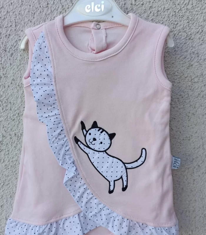 3-9 Ay Kız Bebek Badi Kedili Fırfırlı Bandanalı Pembe