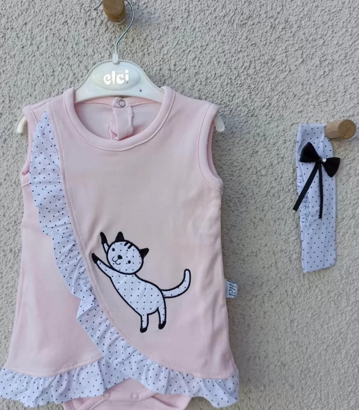 3-9 Ay Kız Bebek Badi Kedili Fırfırlı Bandanalı Pembe