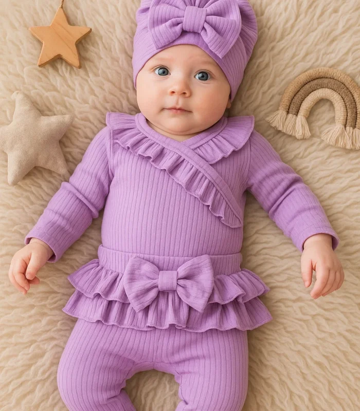 3-9 Ay Kız Bebek Takımı Fırfır Detay Fiyonk Boneli Lila
