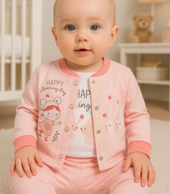 3-9 Ay Kız Bebek Takımı Happy Dancing 3lü Hırkalı Nar Çiçeği