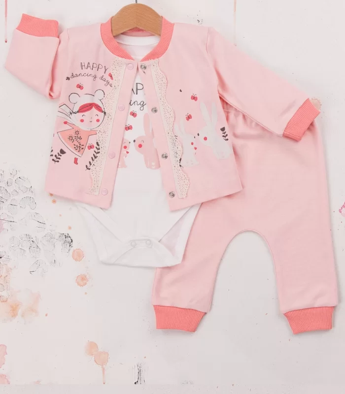 3-9 Ay Kız Bebek Takımı Happy Dancing 3lü Hırkalı Nar Çiçeği