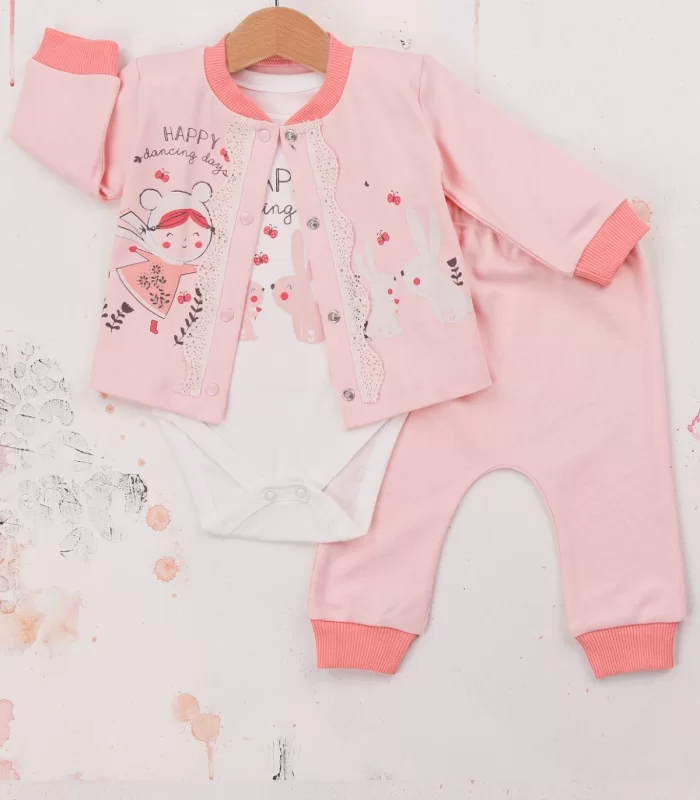 3-9 Ay Kız Bebek Takımı Happy Dancing 3lü Hırkalı Nar Çiçeği