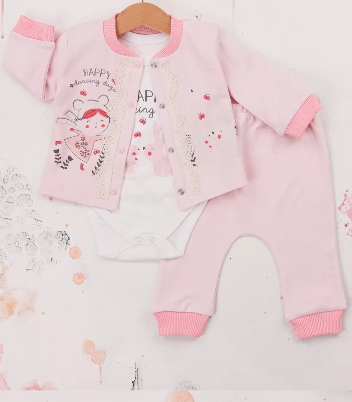 3-9 Ay Kız Bebek Takımı Happy Dancing 3lü Hırkalı Pembe