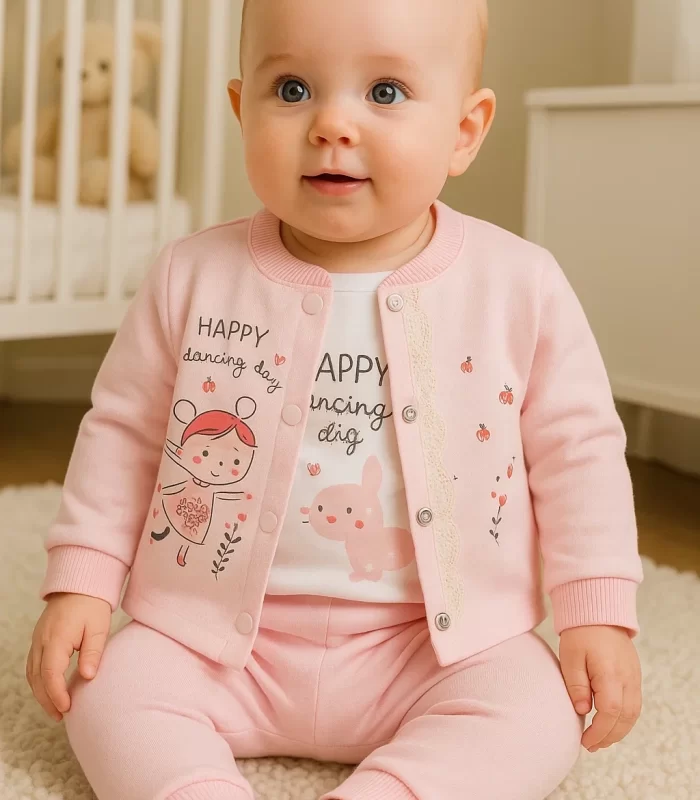 3-9 Ay Kız Bebek Takımı Happy Dancing 3lü Hırkalı Pembe