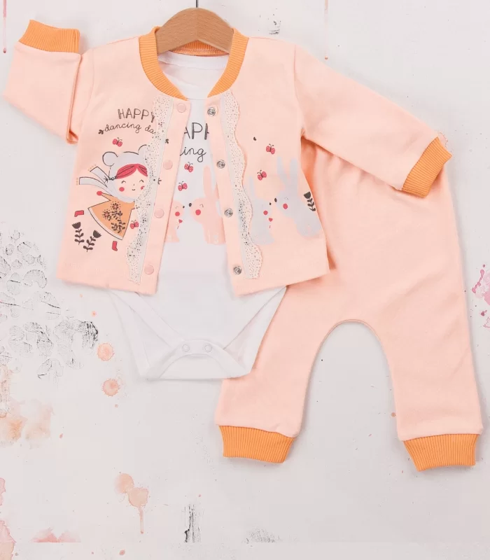3-9 Ay Kız Bebek Takımı Happy Dancing 3lü Hırkalı Somon