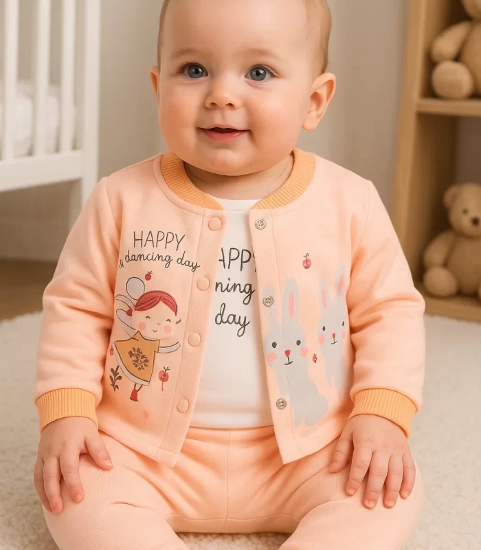 3-9 Ay Kız Bebek Takımı Happy Dancing 3lü Hırkalı Somon