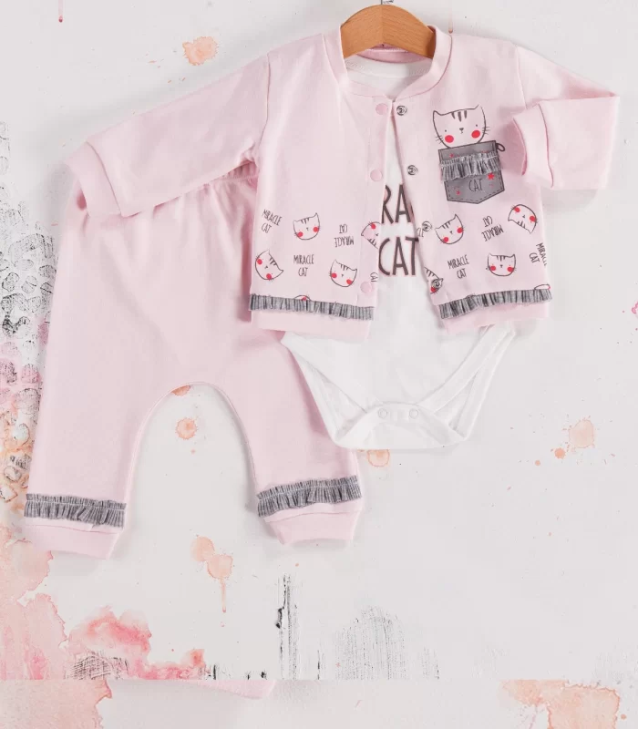 3-9 Ay Kız Bebek Takımı Kedi 3lü Hırkalı Açık Pembe