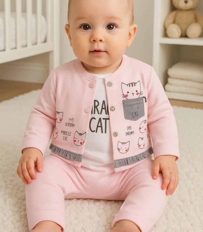 3-9 Ay Kız Bebek Takımı Kedi 3lü Hırkalı Açık Pembe