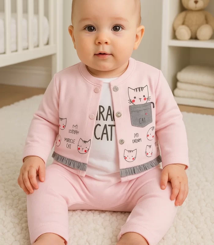 3-9 Ay Kız Bebek Takımı Kedi 3lü Hırkalı Açık Pembe