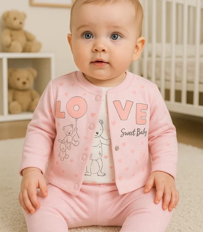 3-9 Ay Kız Bebek Takımı Love Tavşan 3lü Hırkalı Açık Pembe