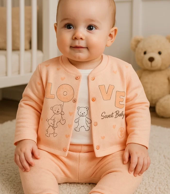 3-9 Ay Kız Bebek Takımı Love Tavşan Kol Detay 3lü Hırka Somon