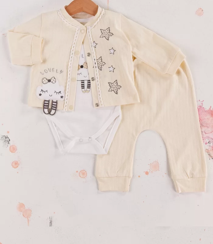 3-9 Ay Kız Bebek Takımı Lovely Yıldız 3lü Hırkalı Krem