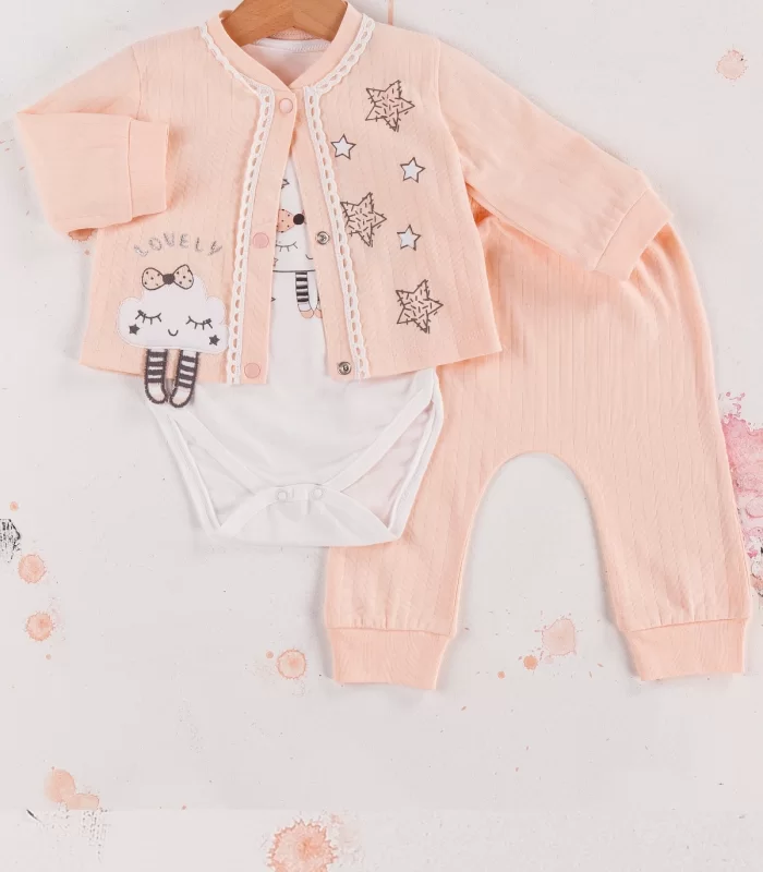 3-9 Ay Kız Bebek Takımı Lovely Yıldız 3lü Hırkalı Somon