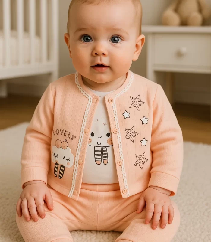 3-9 Ay Kız Bebek Takımı Lovely Yıldız 3lü Hırkalı Somon