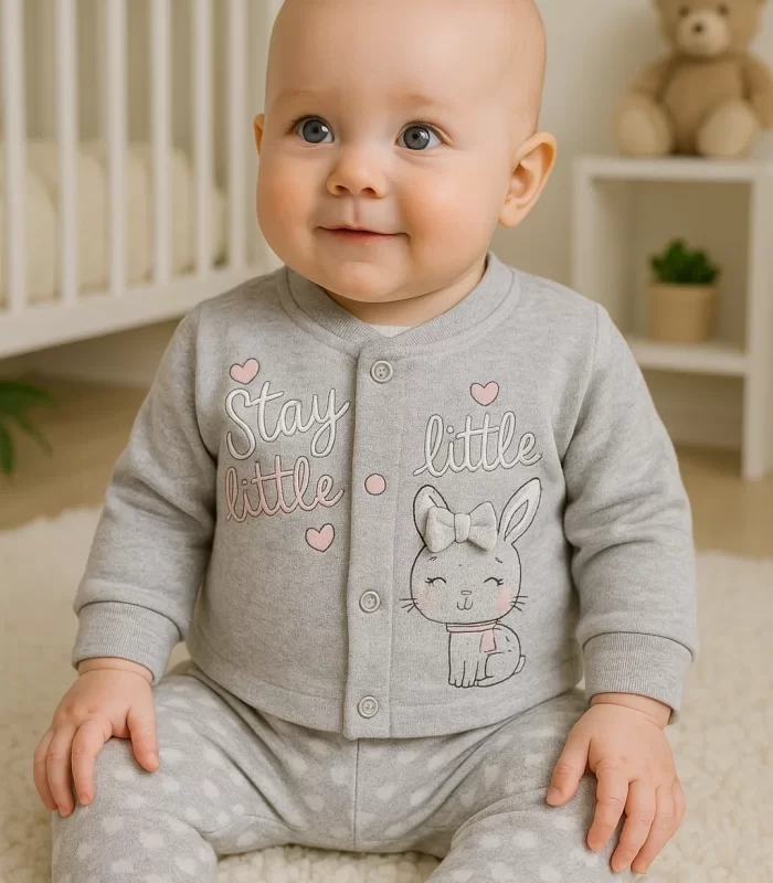 3-9 Ay Kız Bebek Takımı Stay Little Puan 3lü Hırkalı Gri