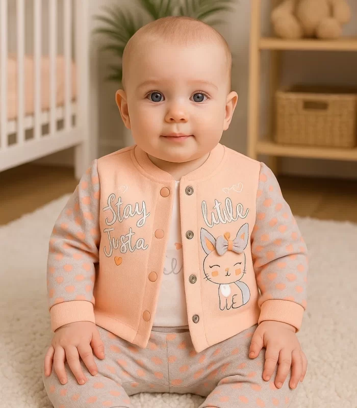3-9 Ay Kız Bebek Takımı Stay Little Puan 3lü Hırkalı Somon