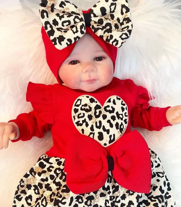 3-9 Ay Kız Bebek Tulum Leopar Desen Fırfır ve Fiyonklu Kırmızı