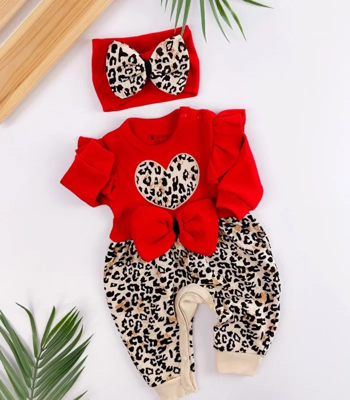 3-9 Ay Kız Bebek Tulum Leopar Desen Fırfır ve Fiyonklu Kırmızı