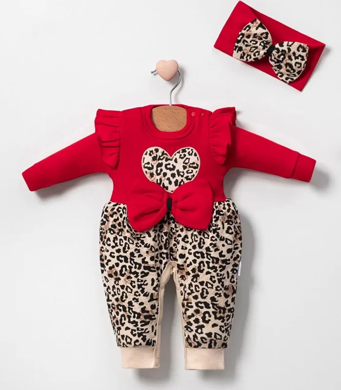 3-9 Ay Kız Bebek Tulum Leopar Desen Fırfır ve Fiyonklu Kırmızı