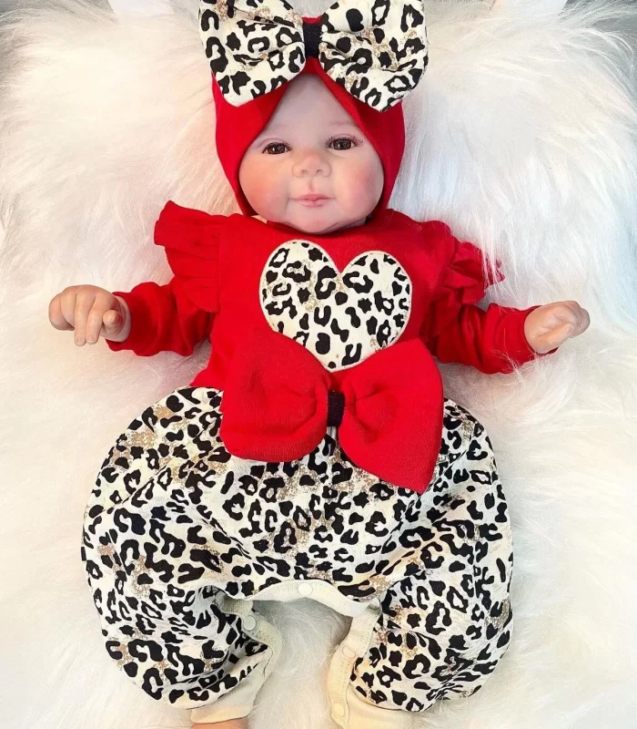 3-9 Ay Kız Bebek Tulum Leopar Desen Fırfır ve Fiyonklu Kırmızı