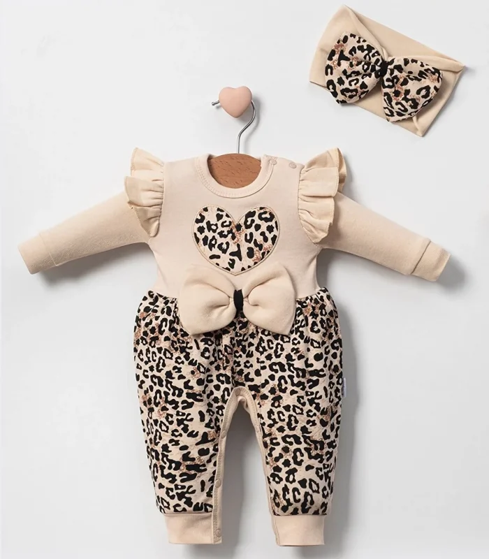 3-9 Ay Kız Bebek Tulum Leopar Fiyonklu Krem