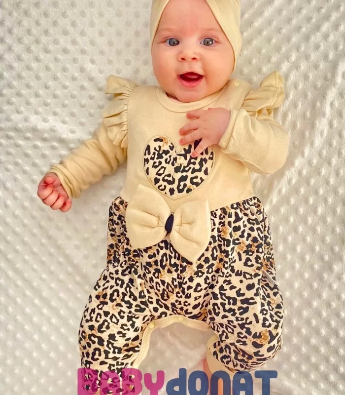 3-9 Ay Kız Bebek Tulum Leopar Fiyonklu Krem