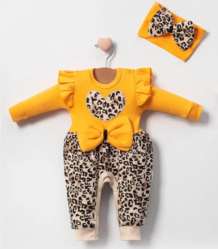 3-9 Ay Kız Bebek Tulum Leopar Fiyonklu Sarı