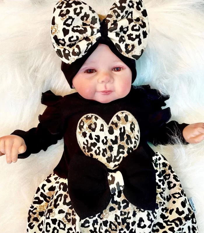 3-9 Ay Kız Bebek Tulum Leopar Fiyonklu Siyah