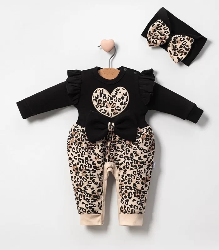 3-9 Ay Kız Bebek Tulum Leopar Fiyonklu Siyah