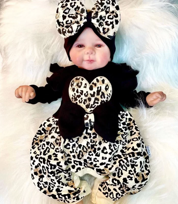 3-9 Ay Kız Bebek Tulum Leopar Fiyonklu Siyah