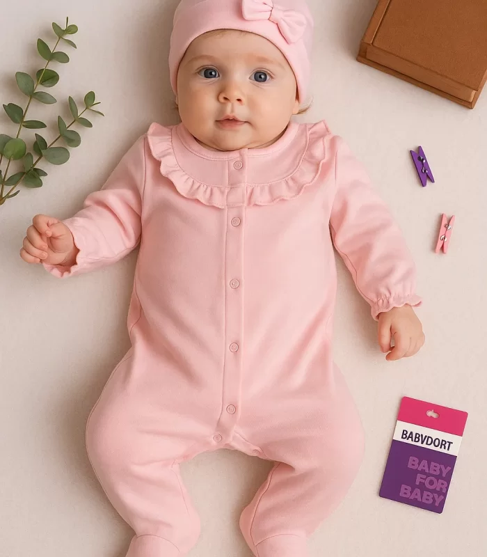 3-9 Ay Kız Bebek Tulum Robası Astarlı Fiyonk Şapkalı Açık Pembe