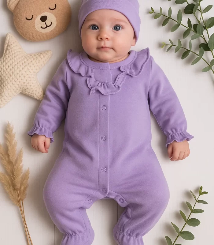 3-9 Ay Kız Bebek Tulum Robası Astarlı Fiyonk Şapkalı Lila