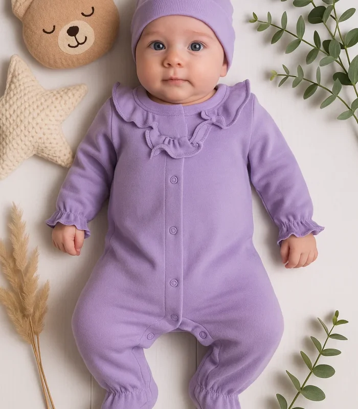 3-9 Ay Kız Bebek Tulum Robası Astarlı Fiyonk Şapkalı Lila