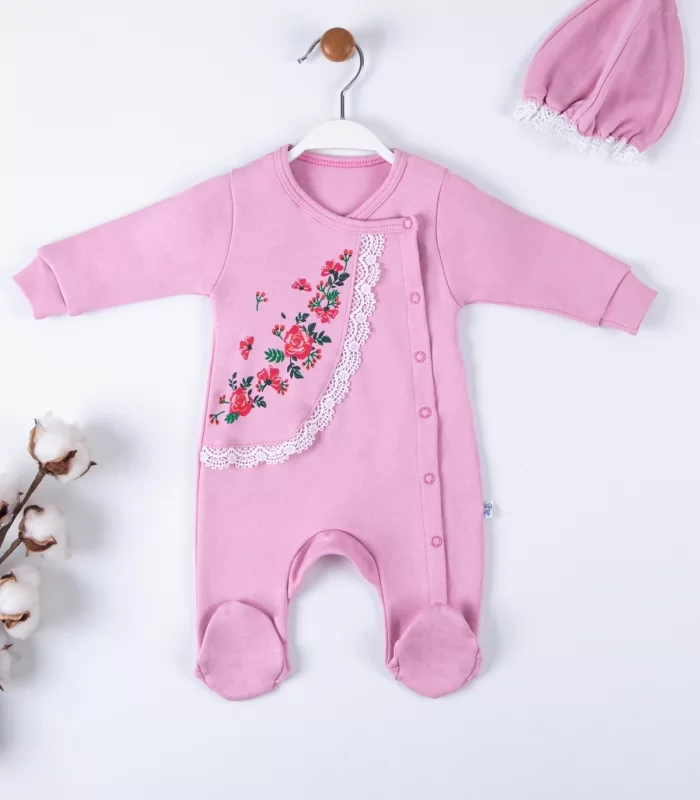3-9 Ay Kız Bebek Tulumu Çiçek Nakışlı Şapkalı Pembe