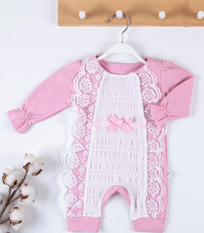 3-9 Ay Kız Bebek Tulumu Gofra Fransız Güpürlü Pembe