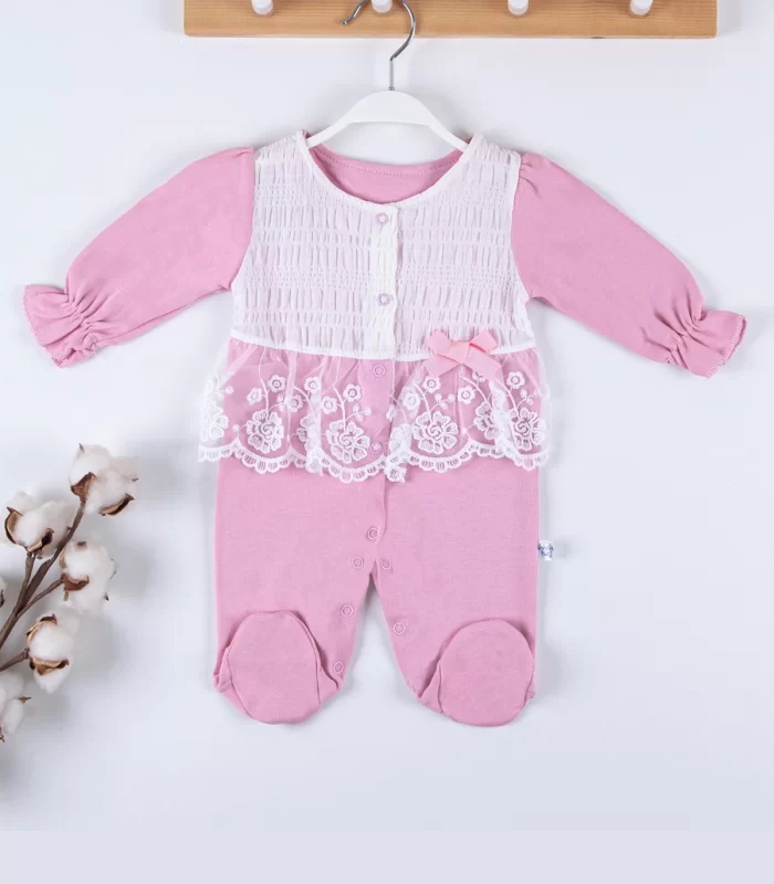 3-9 Ay Kız Bebek Tulumu Gofralı Fransız Güpürlü Pembe
