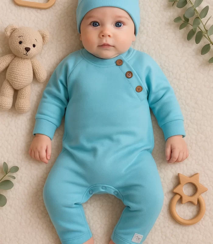 3-9 Ay Kollu Düğme Detay Unısex Bebek Tulumu Mavi
