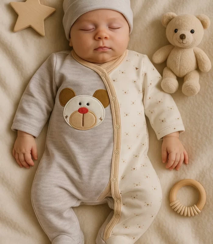 3 Ay Ayıcık Detay Tulumlu Erkek Bebek 5li Set Kahverengi